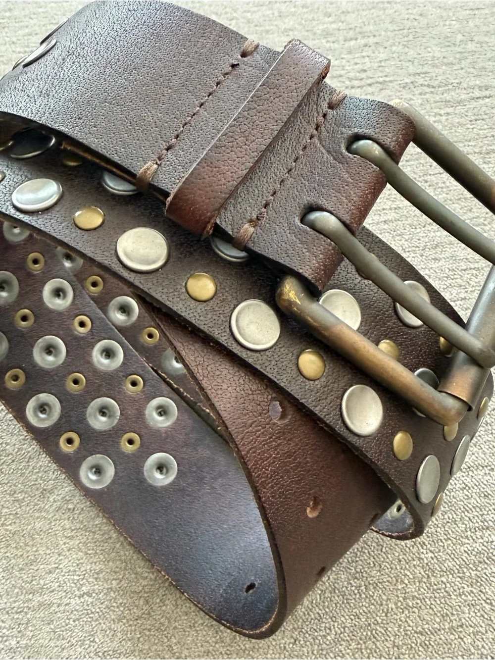 Vintage Hollister Studded Leather Belt Brown Wide Double Hole XS/S
